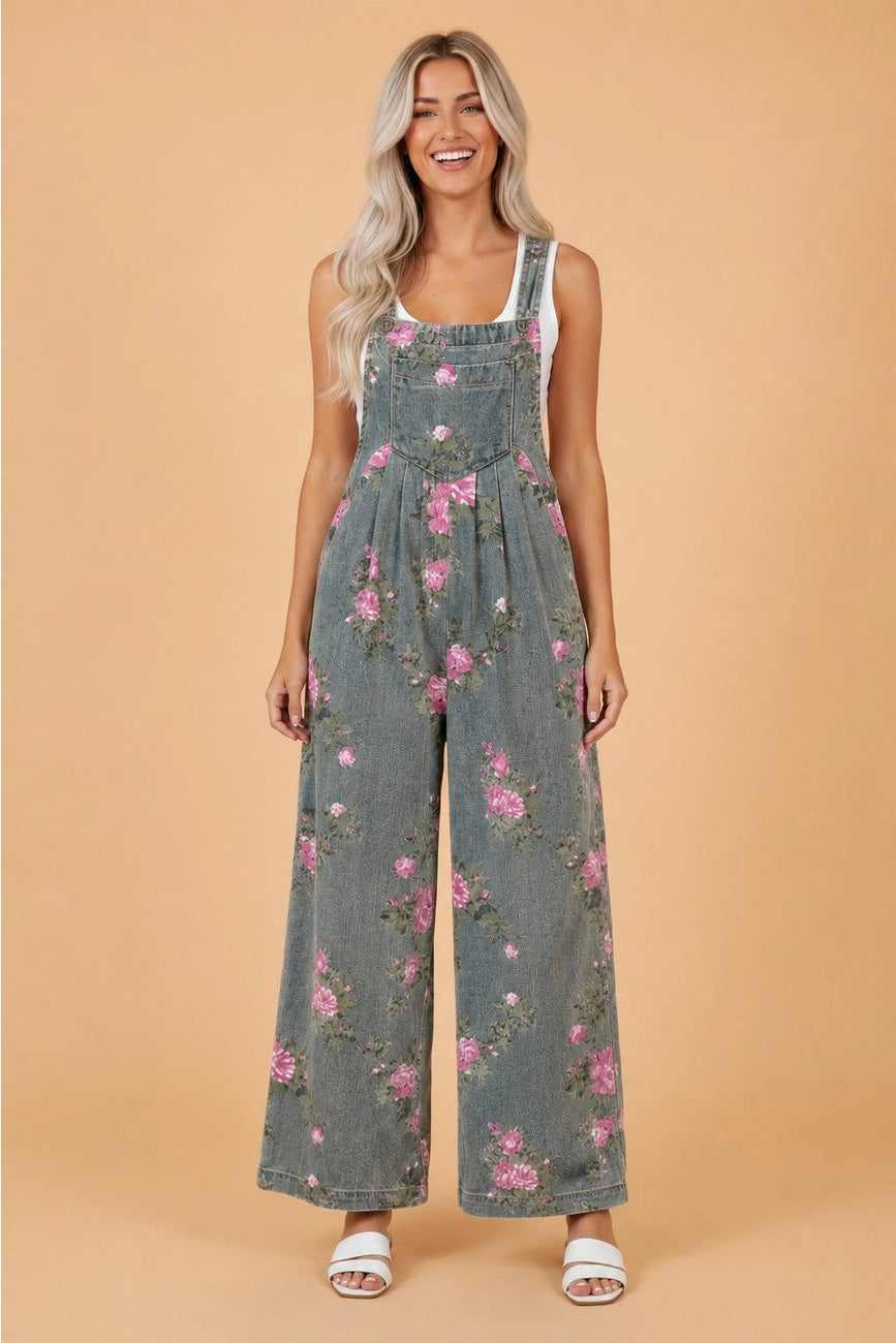 Gray Floral Pleated High Waist Wide Leg Jumpsuit