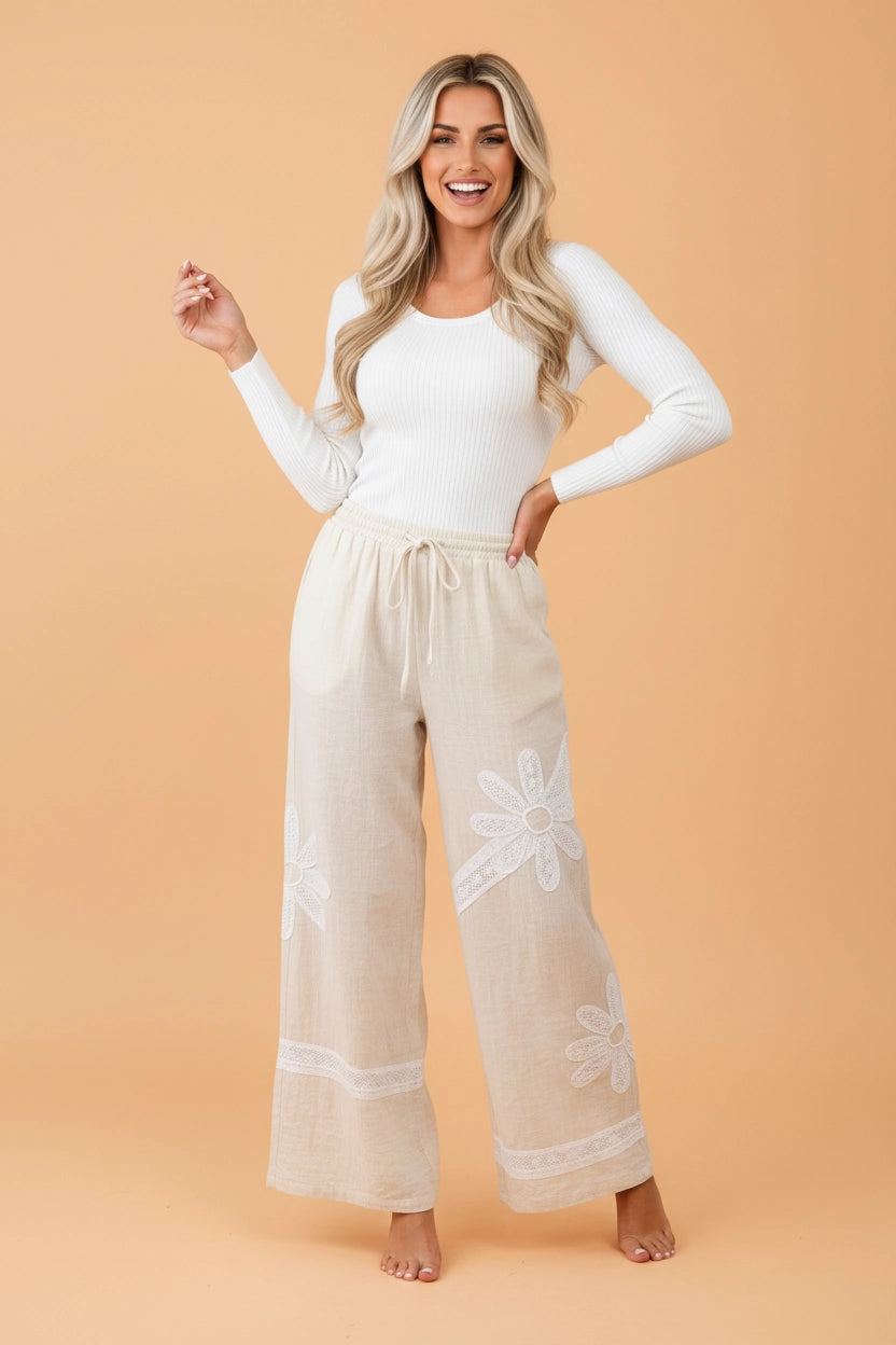 Boho Floral Lace Patchwork Wide Leg Pants
