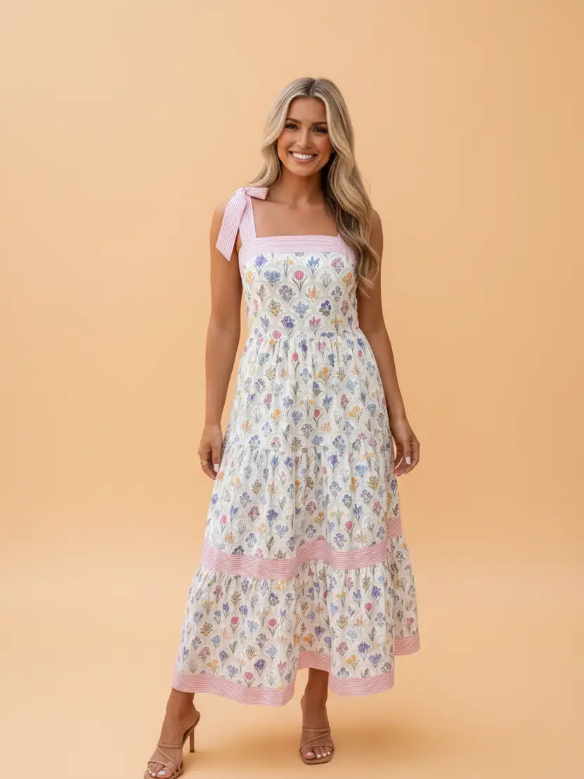 Floral Stripe Knot Strap Maxi Dress