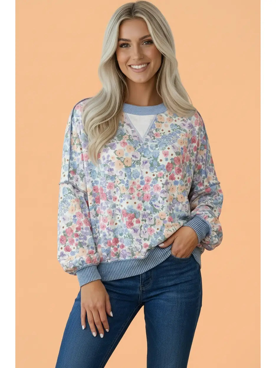 Floral Reverse Seam Drop Shoulder Top