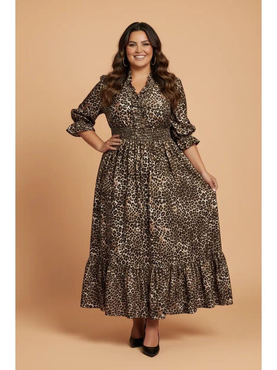 Leopard Smocked Waist Maxi Dress - Curvy
