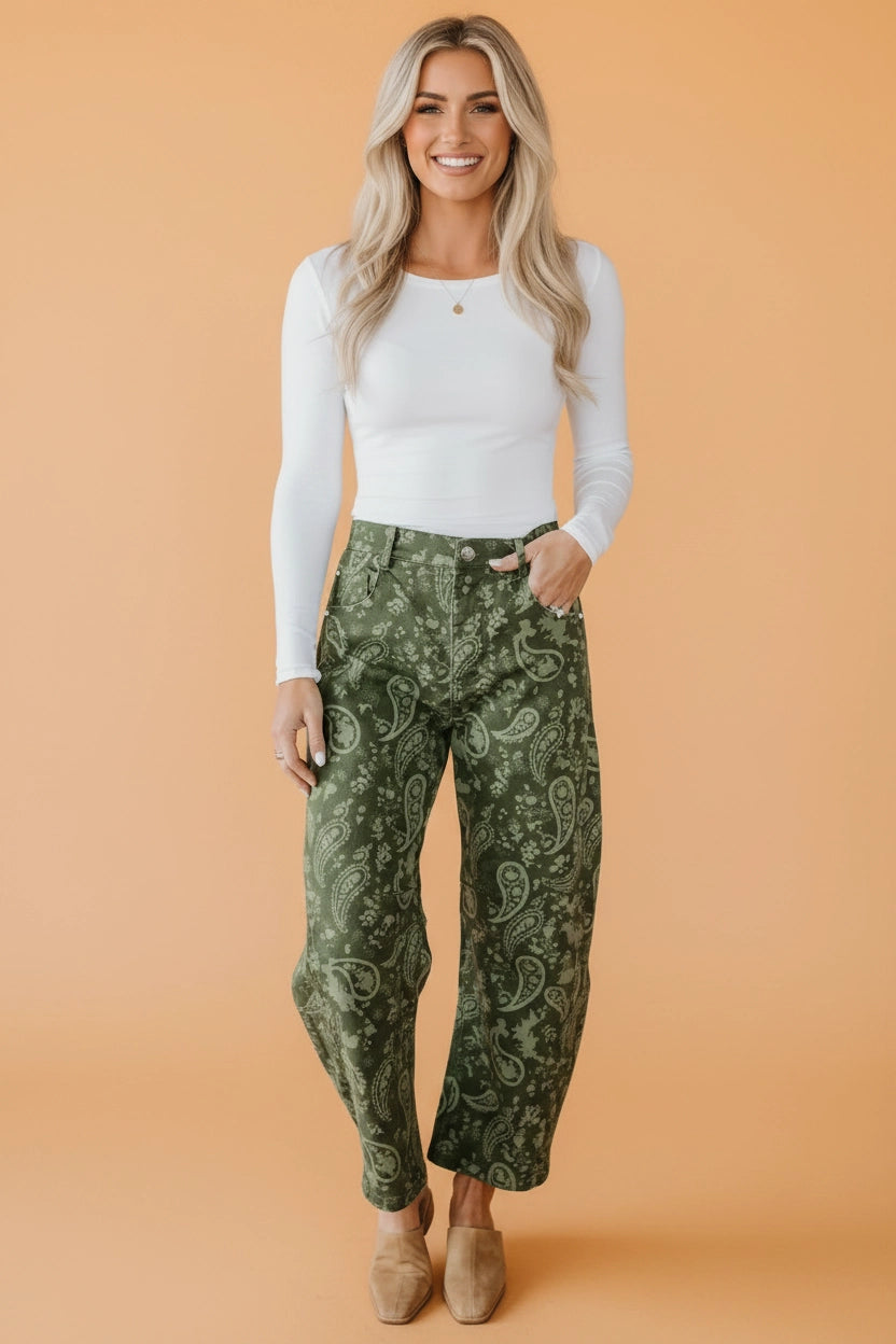 Green Paisley High Waist Barrel Leg Pants
