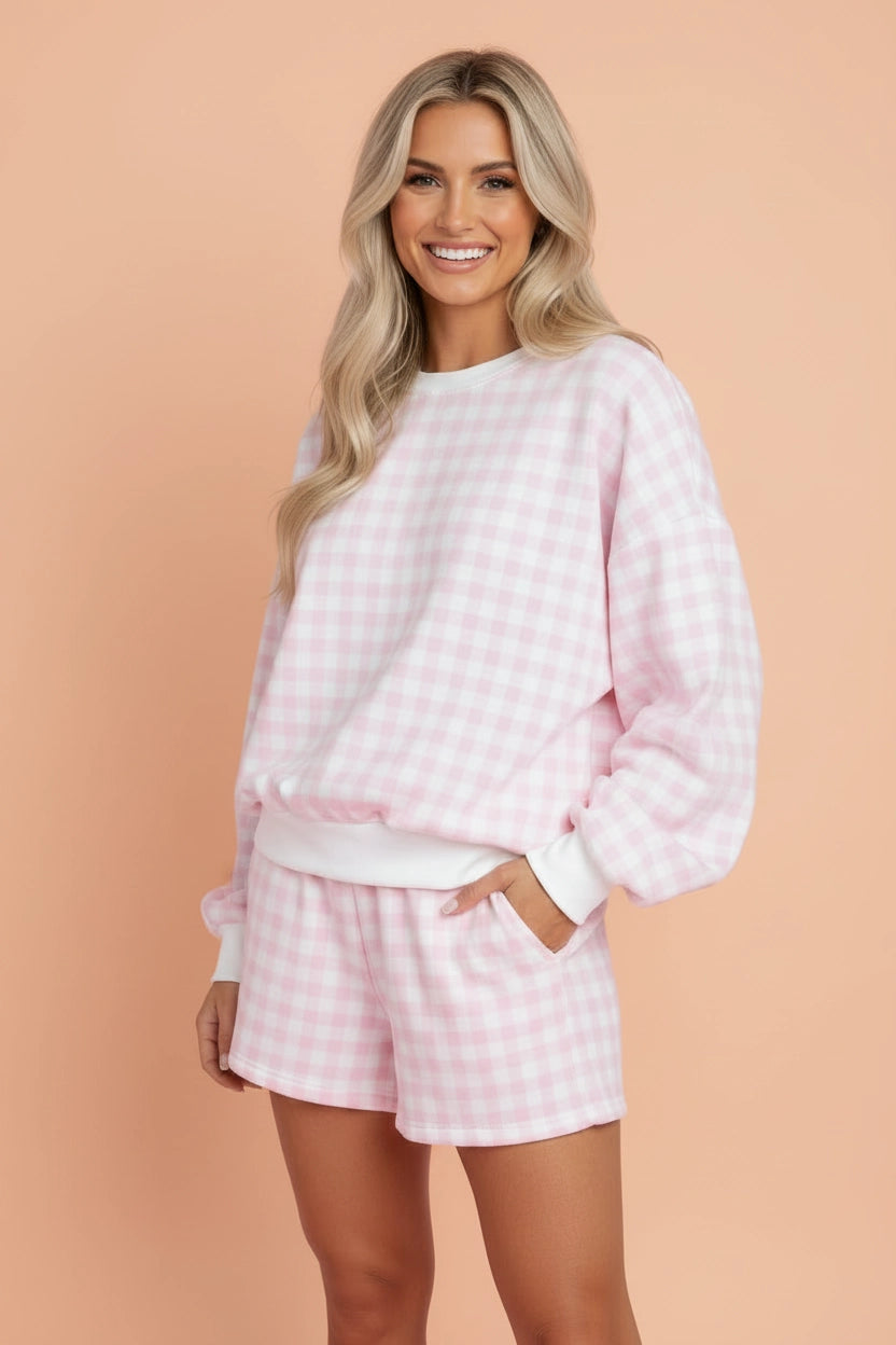 Light Pink Gingham Pullover & Shorts Set