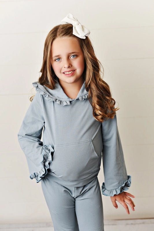 Blue Gray Hooded Ruffle Pocket Lounge Set