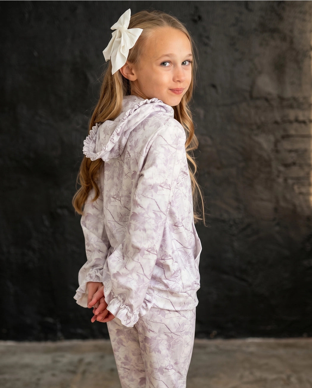 Light Gray Camo Hooded Ruffle Pocket Lounge Set