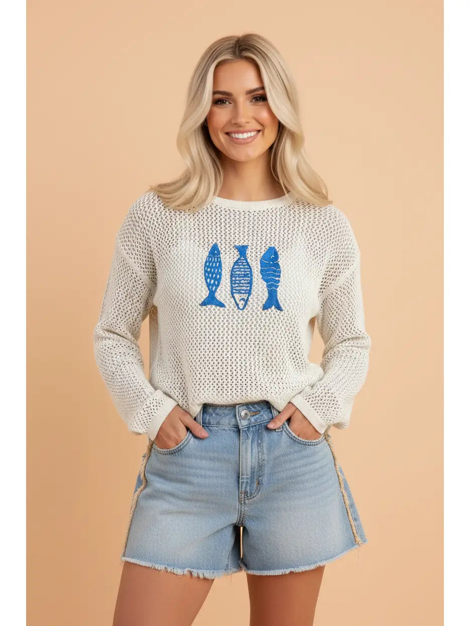 Sardine Embroider Crochet Knit Sweater