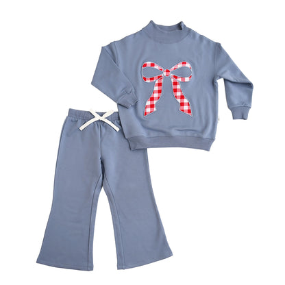 Blue Gingham Bow Mock Neck Flare Set