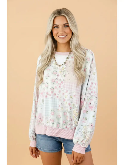 Floral Corded Knit Patchwork Long Sleeve Top