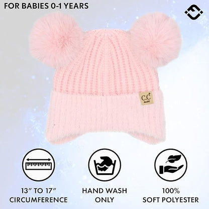 Infant Double Pom Chenille Earflap Beanie - Light Pink