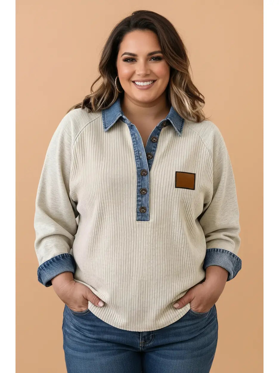 Denim Patchwork Collared Ribbed Top - Curvy