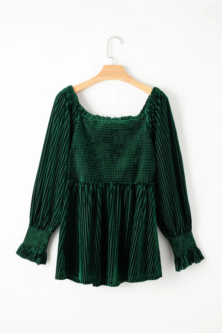 Ribbed Velvet Smocked Babydoll Blouse