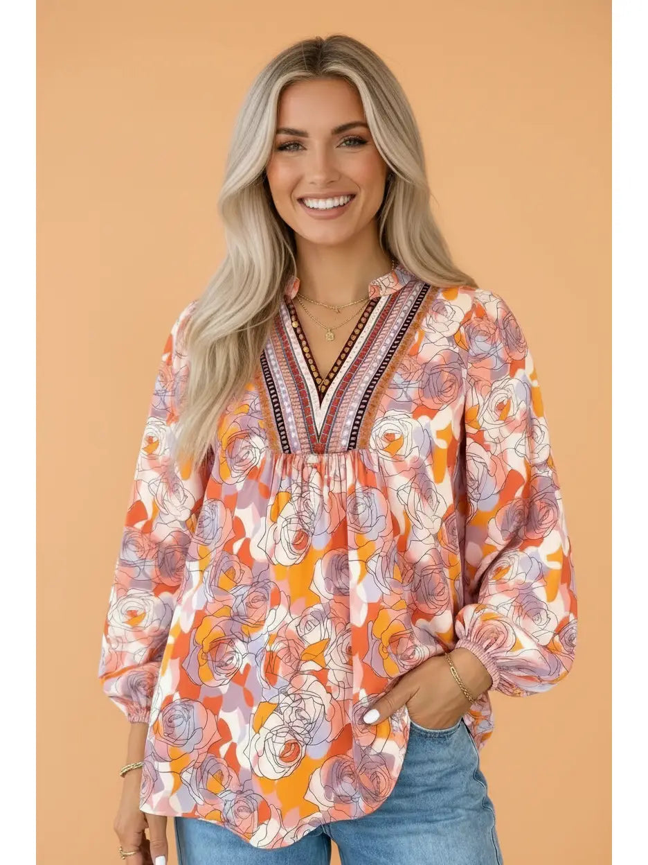 Floral Stripe V-Neck Blouse