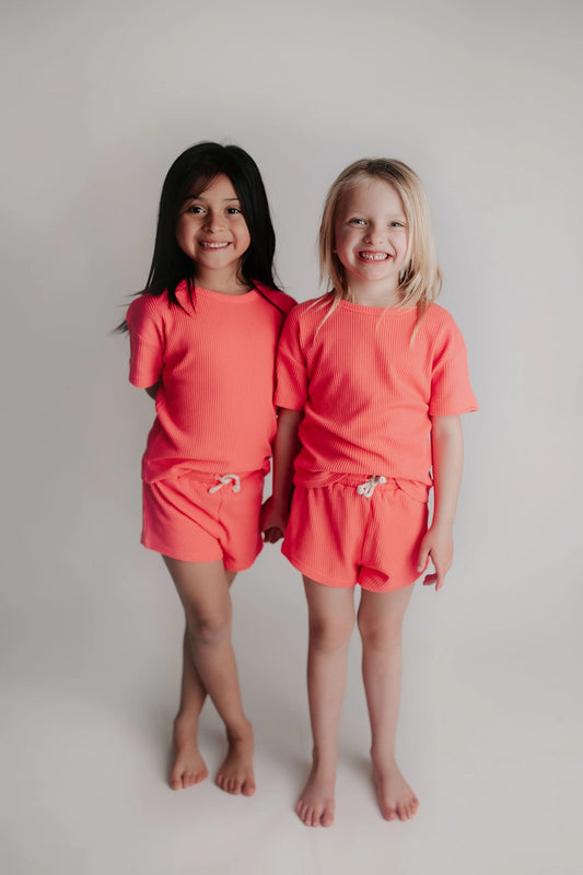 Neon Pink Summer Waffle Toddler Top & Bottom Set