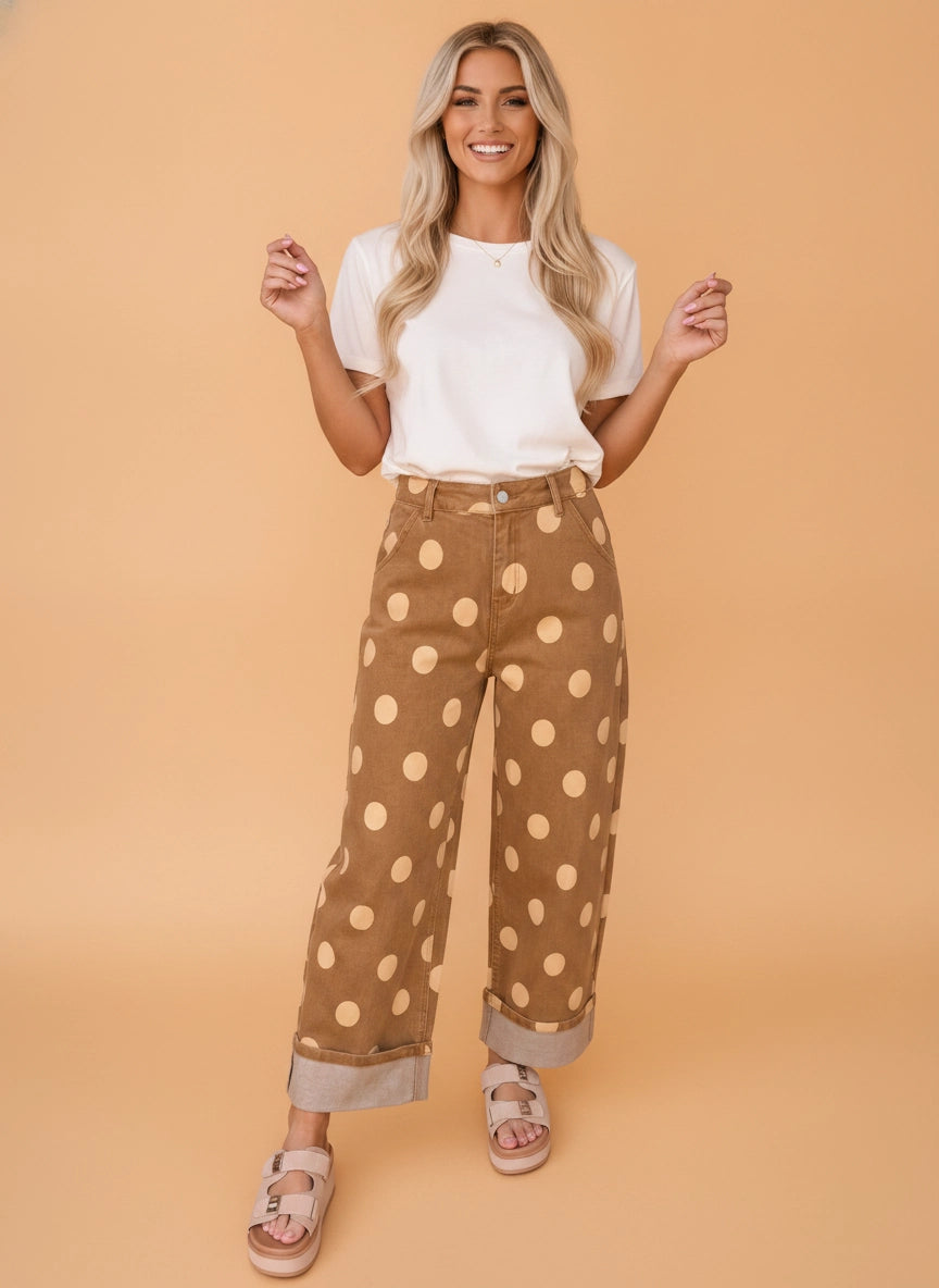 Brown Polka Dot Folded Hem High Waist Jeans