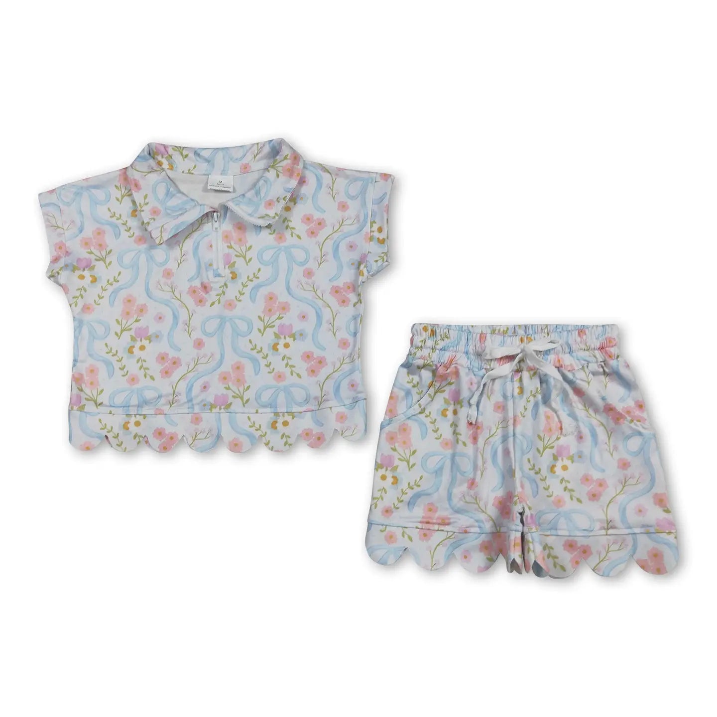 Floral Bow Scallop 1/4 Zip Short Set