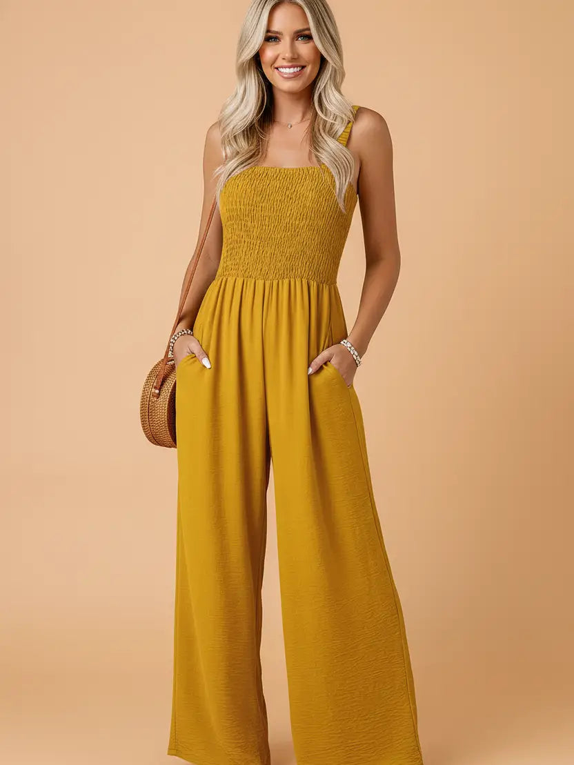 Mustard Yellow Smocked Wide Leg Jumpsuit