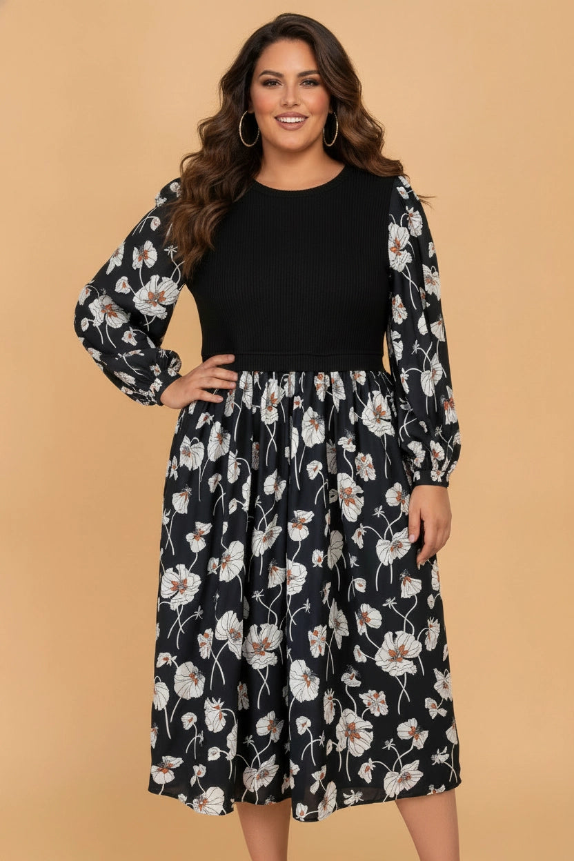 Black Floral Ribbed Midi Dress - Curvy