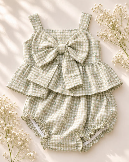 Green Rosette Gingham Bow Top & Bloomers