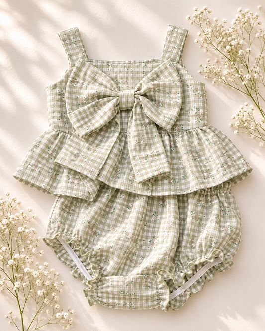 Green Rosette Gingham Bow Top & Bloomers