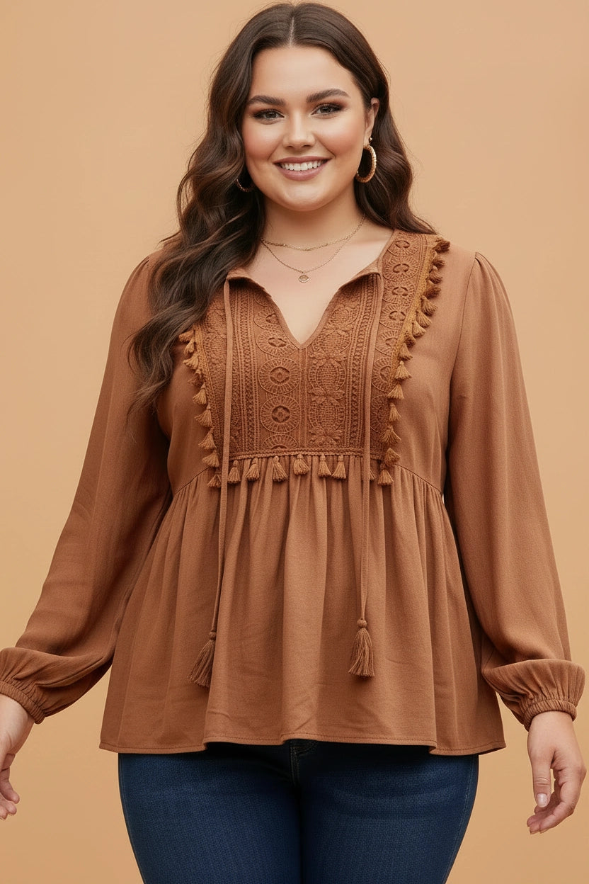 Boho Tassel Tie Long Sleeve Blouse - Curvy