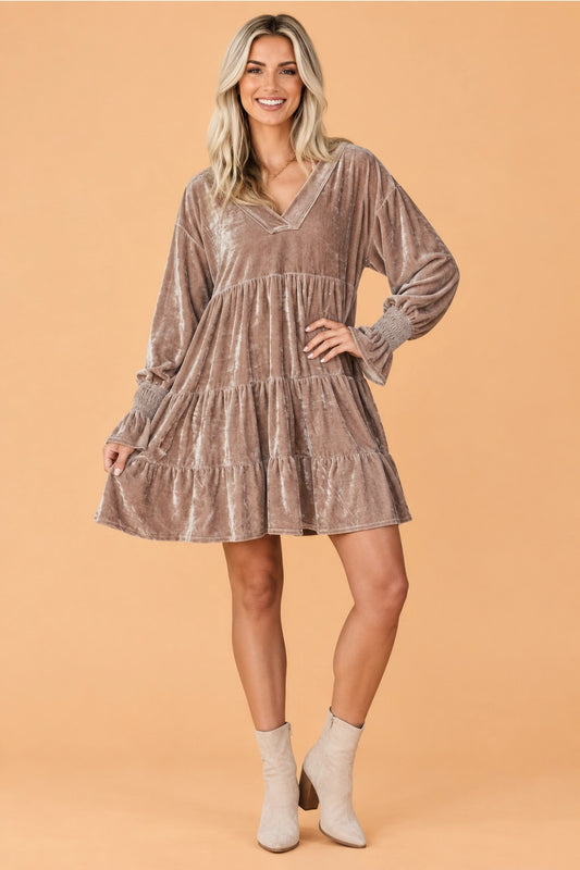 Beige Velvet V-Neck Tiered Dress