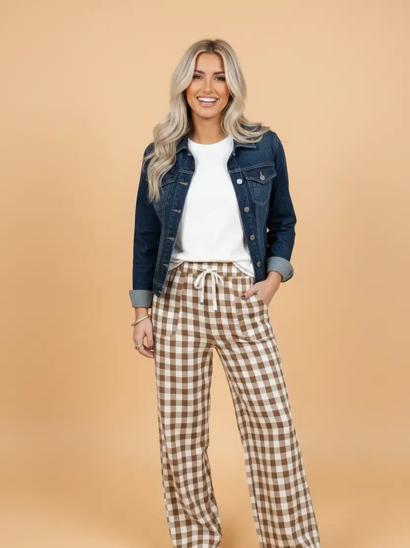 Brown Gingham Tie Waist Pants