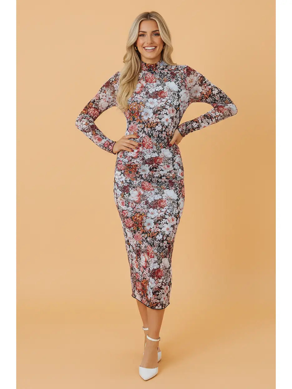 Floral Mock Neck Midi Dress