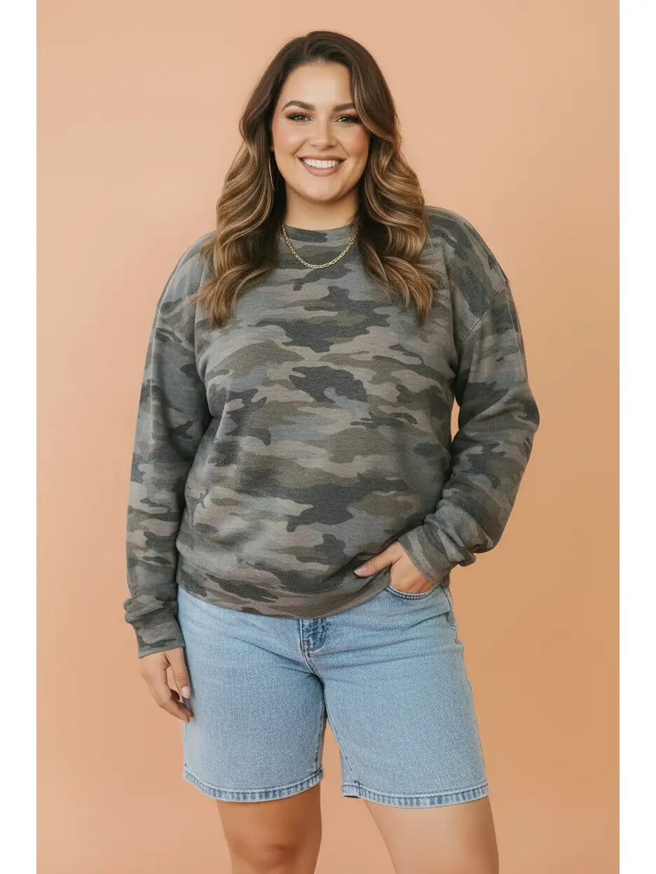 Camo Crew Neck Long Sleeve - Curvy