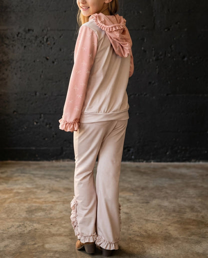 Pink Bow Hooded Ruffle Pocket Lounge Set