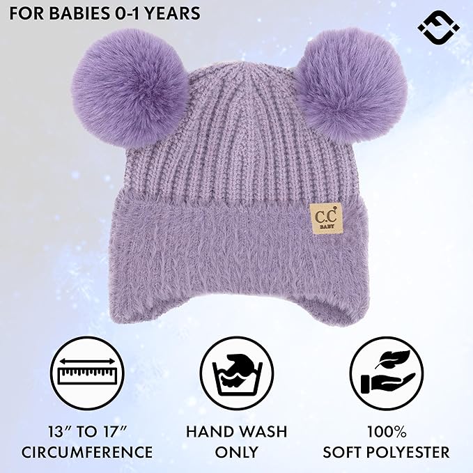 Infant Double Pom Chenille Earflap Beanie - Lavender