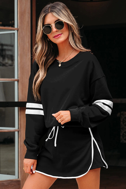Varsity Stripe Pullover & Skirt Set - Black