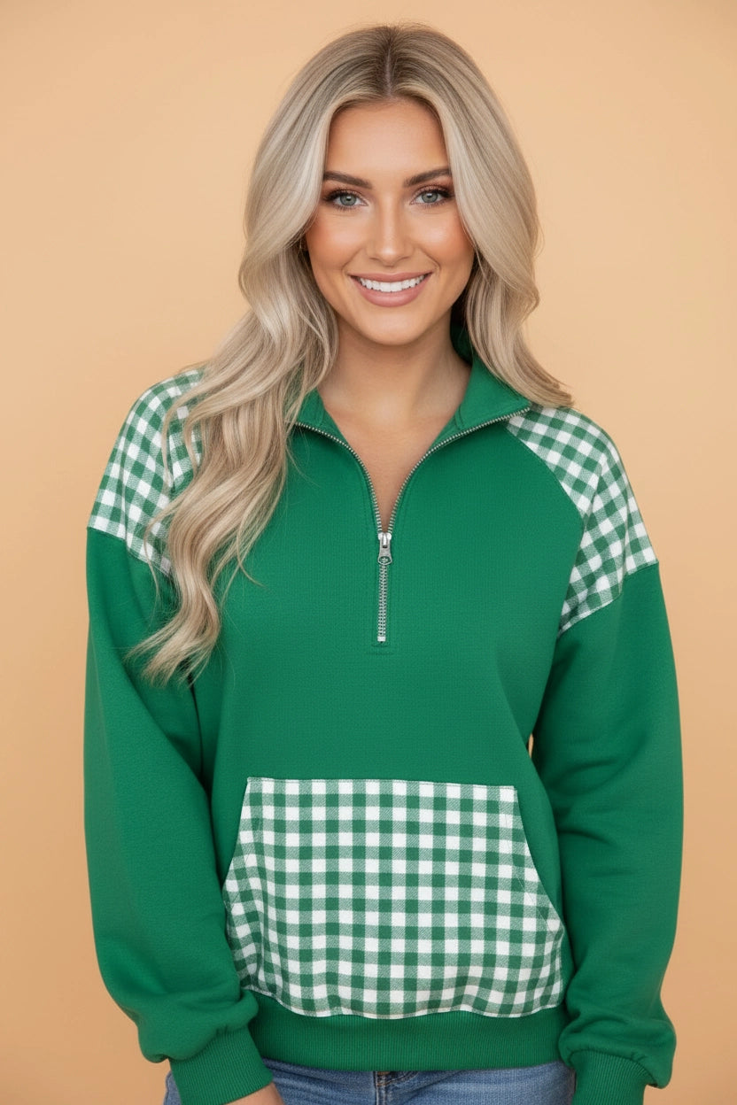 Green Gingham 1/4 Zip Pocket Sweatshirt