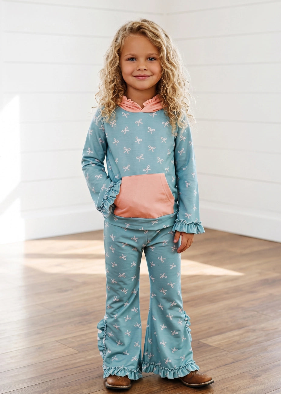 Teal Bow Hooded Ruffle Pocket Lounge Set