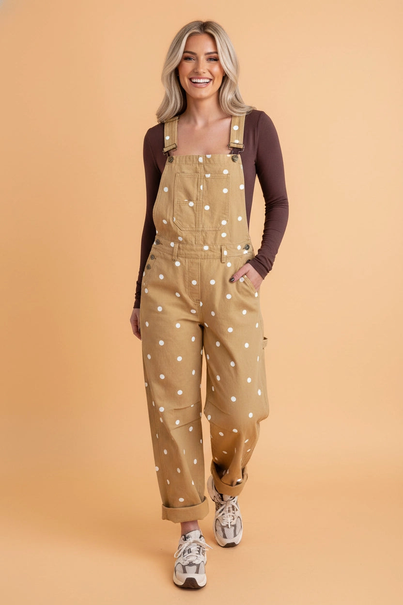 Polka Dot Tan Denim Barrel Leg Overalls