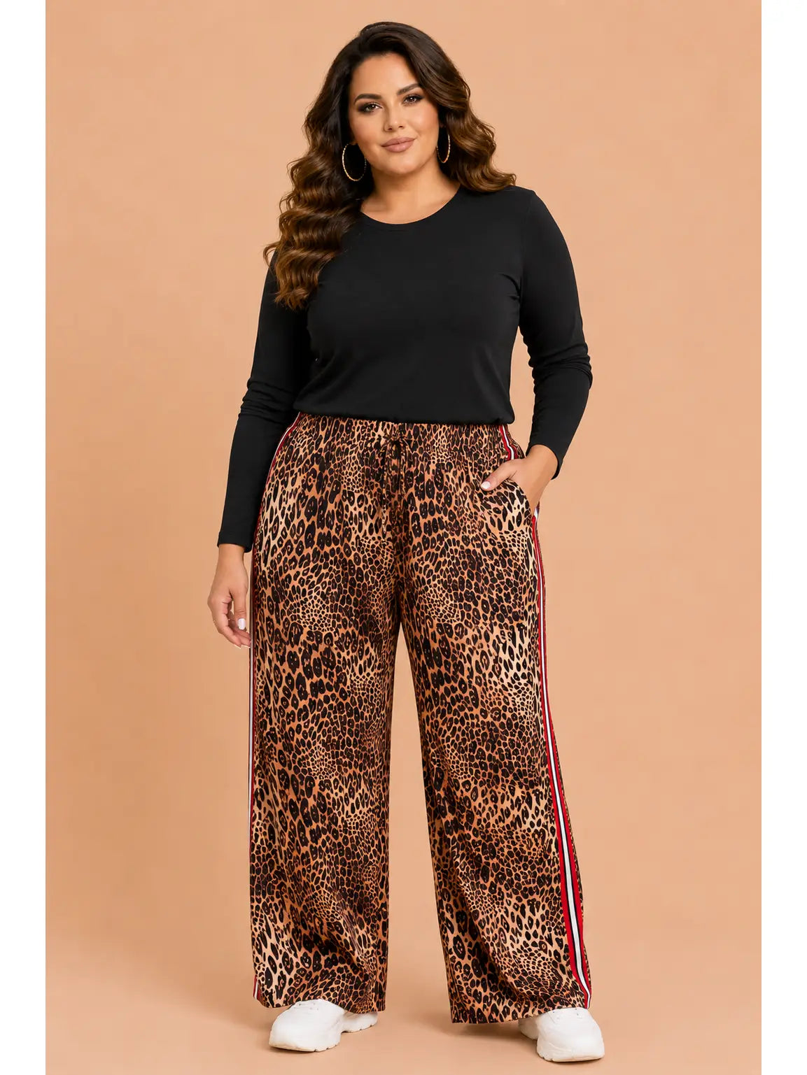 Leopard Side Stripe Wide Leg Pants - Curvy