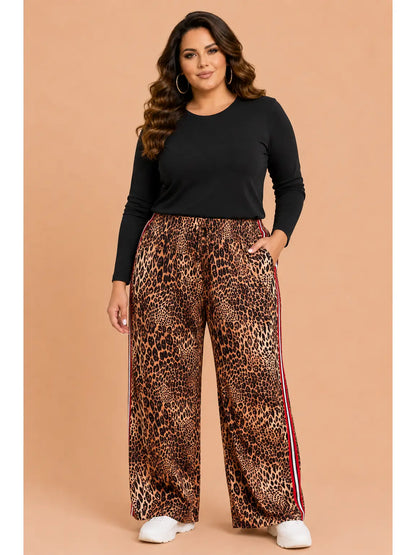 Leopard Side Stripe Wide Leg Pants - Curvy