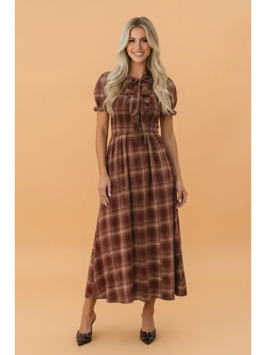 Plaid Vintage Knot Front Smocked Midi