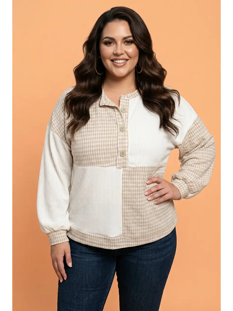 Gingham Patch Long Sleeve Blouse - Curvy