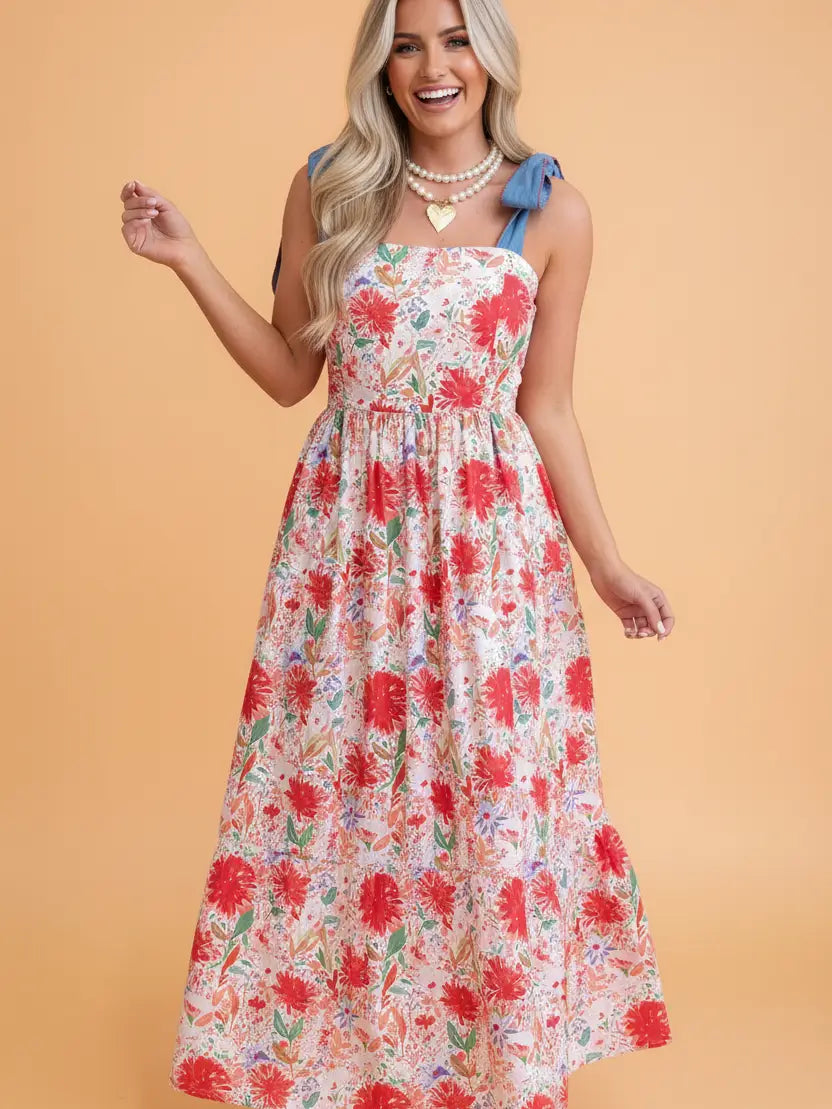 Red Floral Denim Tie Strap Maxi Dress