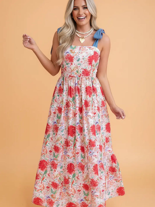 Red Floral Denim Tie Strap Maxi Dress