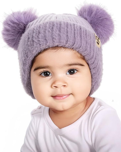 Infant Double Pom Chenille Earflap Beanie - Lavender