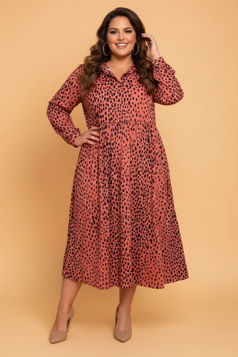 Leopard Long Sleeve V-Neck Midi - Curvy