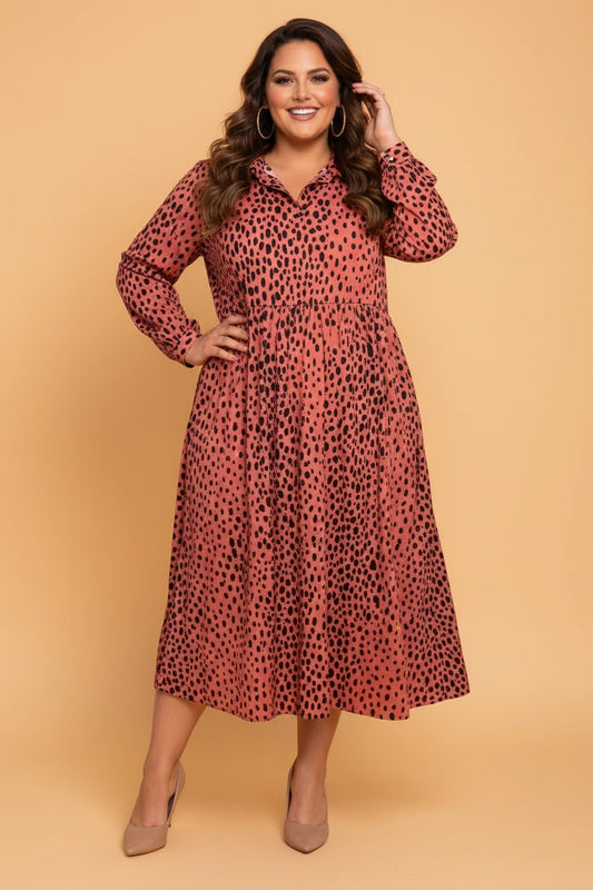 Leopard Long Sleeve V-Neck Midi - Curvy