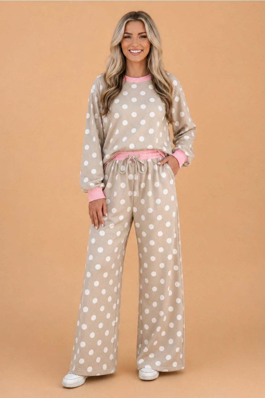Khaki & Pink Polka Dot Top & Pants Set