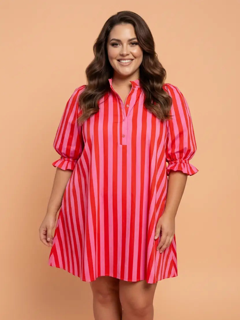 Red & Pink Stripe Frilled Button Dress - Curvy