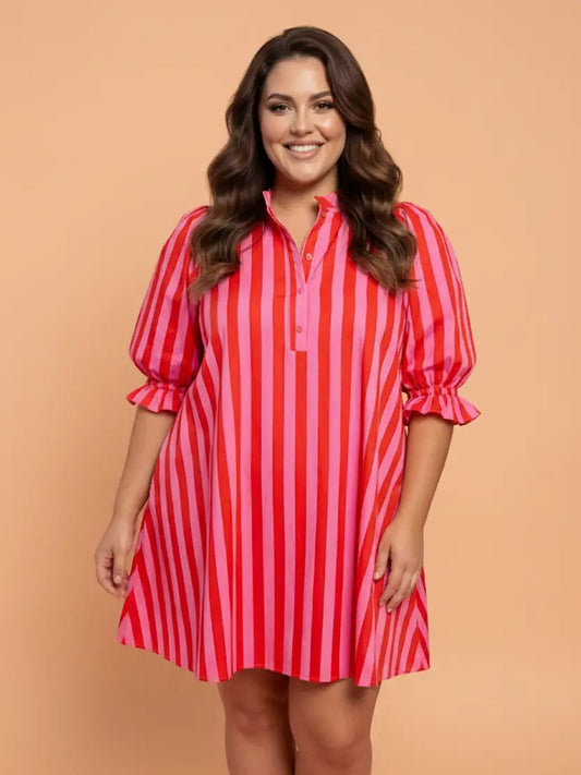 Red & Pink Stripe Frilled Button Dress - Curvy