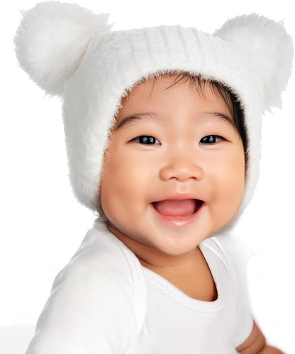 Infant Double Pom Chenille Earflap Beanie - White