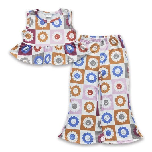 Retro Checkered Daisies Peplum Set