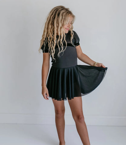 Black Velvet Sheer Skirted Leotard