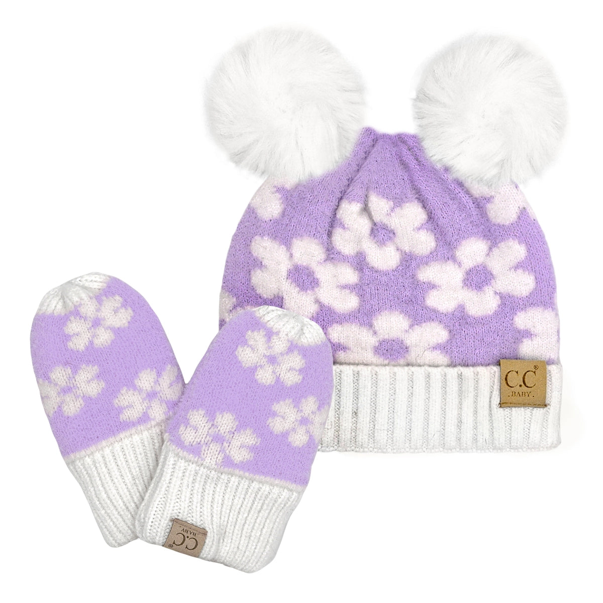 Infant Double Pom Beanie/Mittens Set - Lavender Daisy